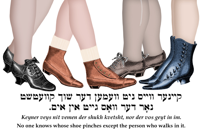 Yiddish: No one knows whose shoe pinches except the person who walks in it.